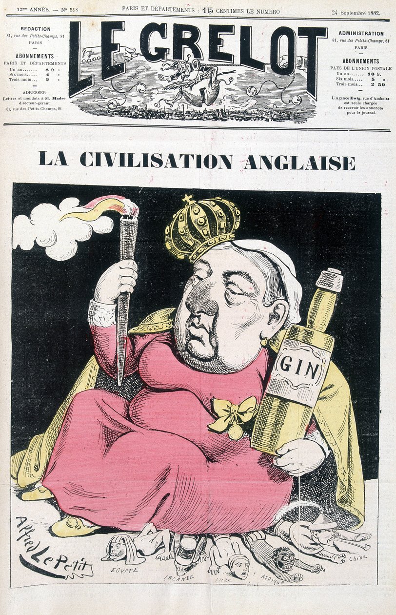 Civiltà inglese: Vittoria, una bottiglia di gin in mano, seduta su Egitto, Irlanda, India, Africa e Cina - di Alfred Le Petitty, in "Le Grelot" del 24/09/1882 da Alfred Le Petit