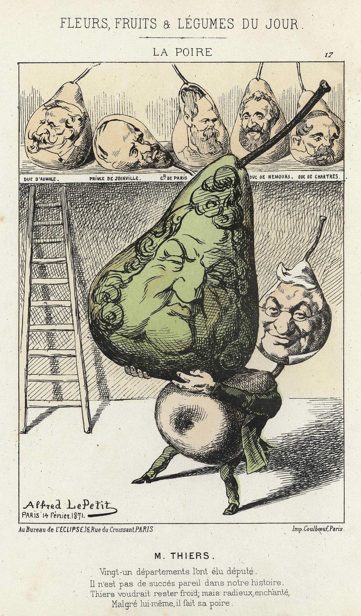 La Peire: caricatura su Thiers - ill. del 14/02/1871 di Alfred Le Petitty, in "Fiori, Frutti e Verdure del Giorno" da Alfred Le Petit