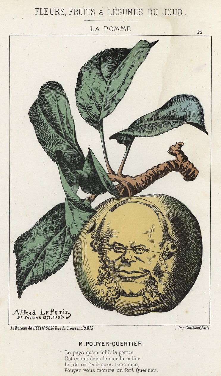 La Pomme: caricatura su Pouyer Quertier (Pouyer-Quertier) - ill. del 28/02/1871 in "Fiori, Frutti e Verdure del Giorno" da Alfred Le Petit