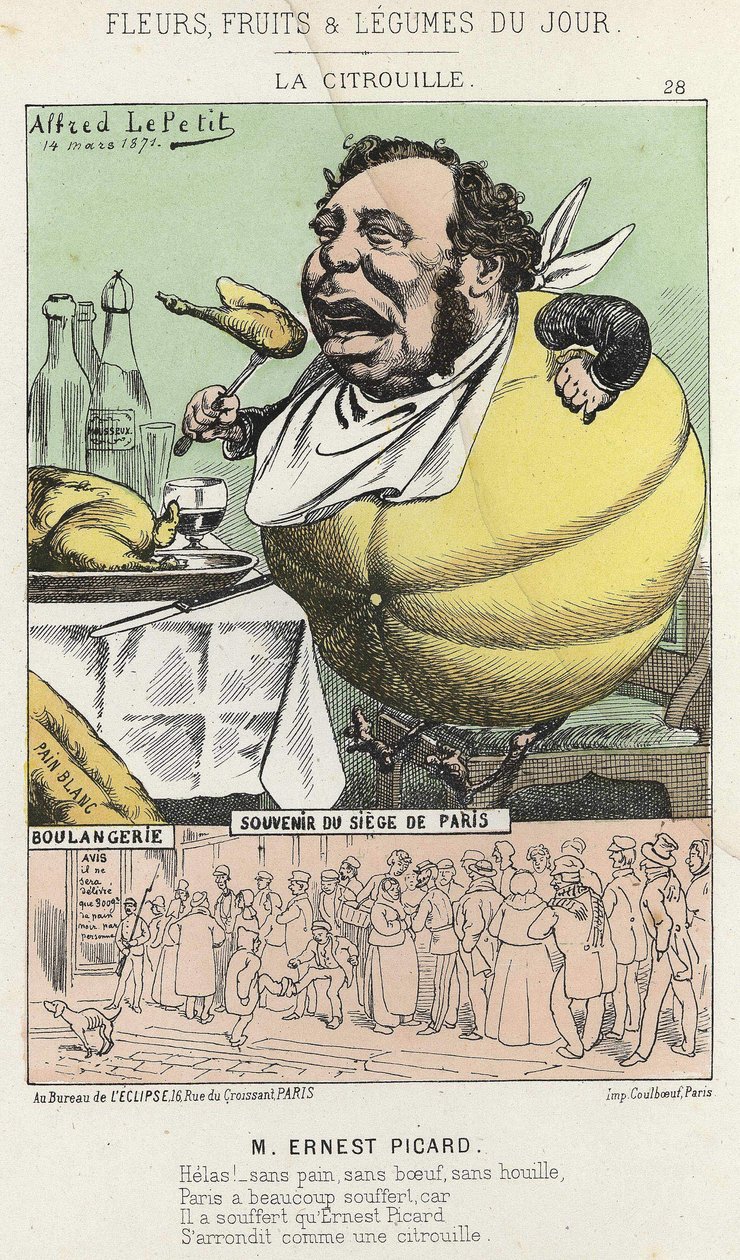 La Zucca: caricatura su Ernest Picard - ill. del 14/03/1871 "Fiori, Frutti e Verdure del Giorno" da Alfred Le Petit