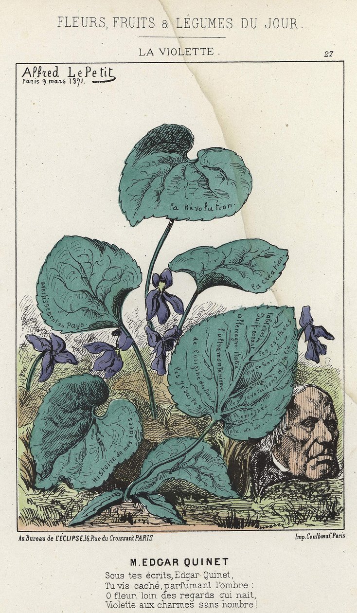 La Violetta: caricatura su Edgar Quinet - ill. del 09/03/1871 in "Fiori, Frutti e Verdure del Giorno" da Alfred Le Petit