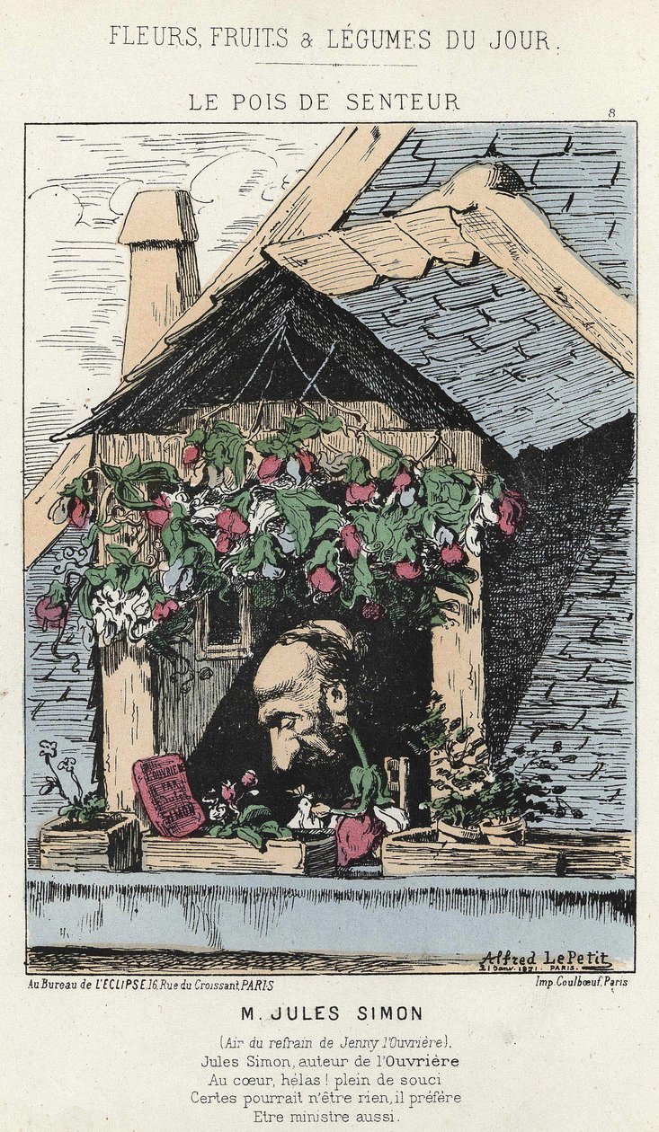 Le Peas de Fragreur: caricatura su Jules Simon (1814 - 1896) - ill. del 12/01/187 in "Fiori, Frutti e Verdure del Giorno" da Alfred Le Petit