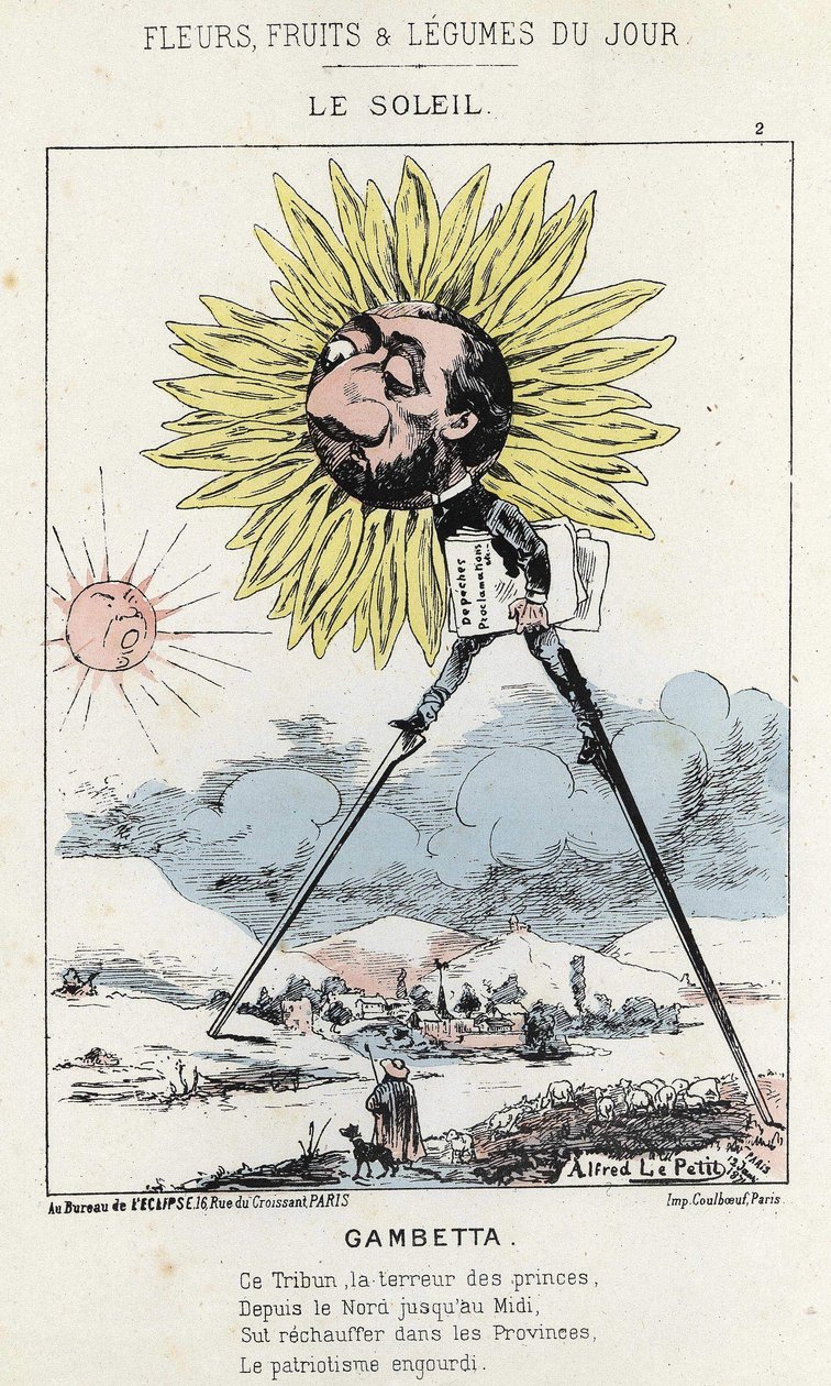 Le Soleil (girasole): caricatura su Gambetta (1838 - 1882) - ill. del 12/01/1871 in "Fiori, Frutti e Verdure del Giorno" da Alfred Le Petit