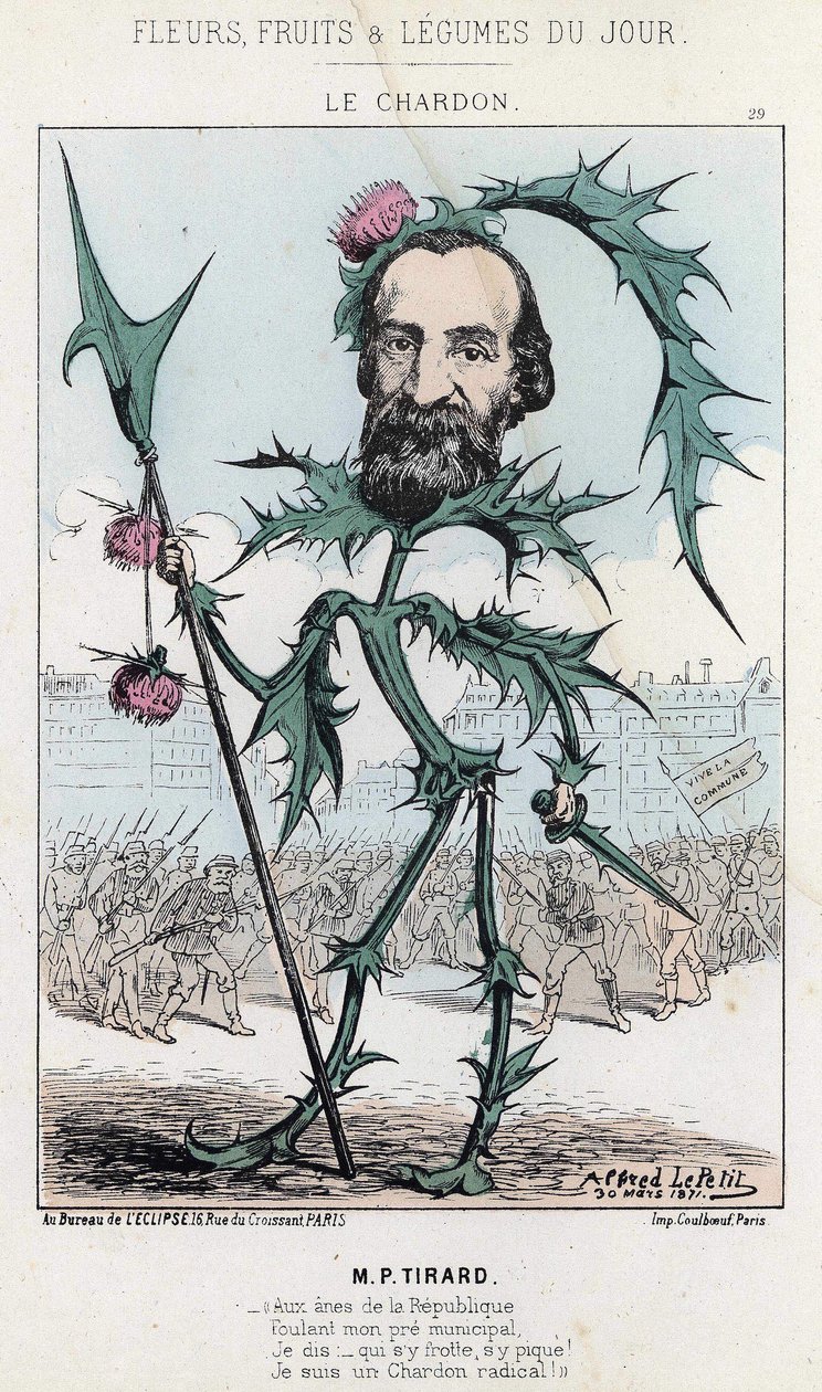 Le Thistle: caricatura su P. Tirard - ill. del 30/03/1871 "Fiori, Frutti e Verdure del Giorno" da Alfred Le Petit
