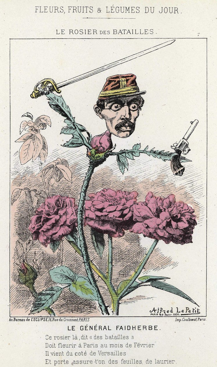 Il Rosier des Battailles: caricatura sul generale Faidherbes - ill. del 20/01/1871 in "Fiori, Frutti e Verdure del Giorno" da Alfred Le Petit
