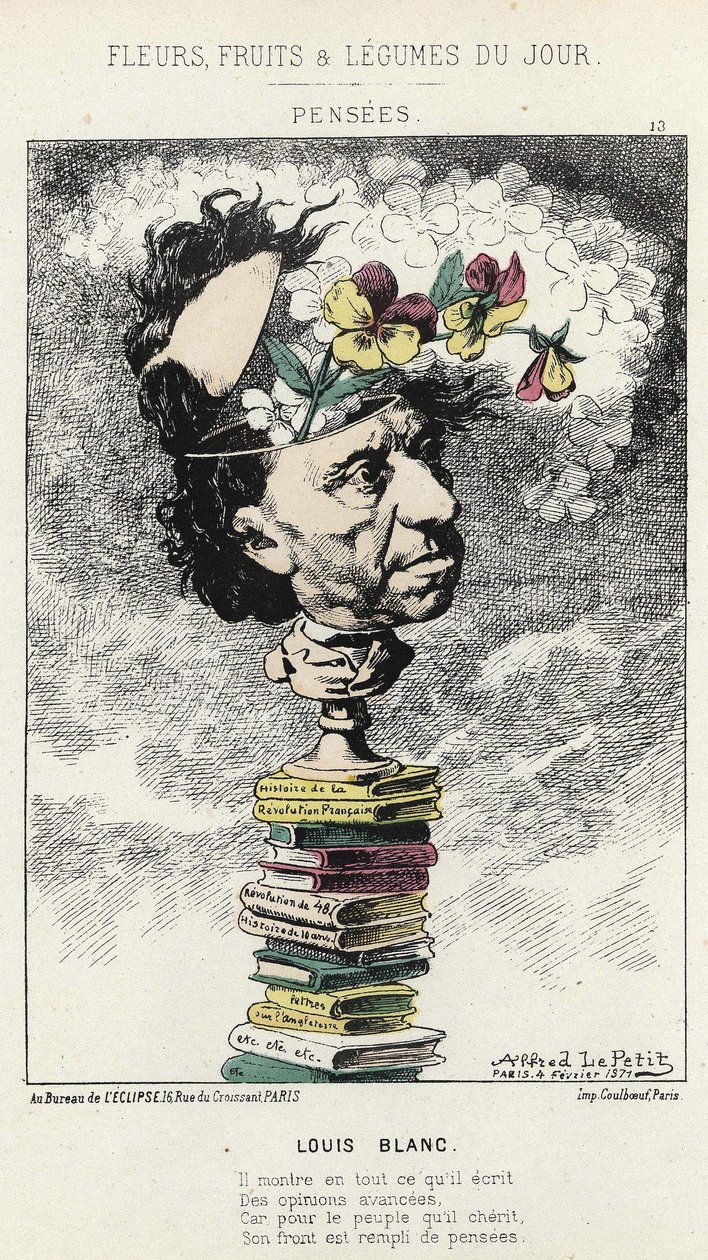 Pensieri: Caricatura su Louis Blanc - ill. del 04/02/1871 in “Fiori, Frutti e Verdure del Giorno” da Alfred Le Petit