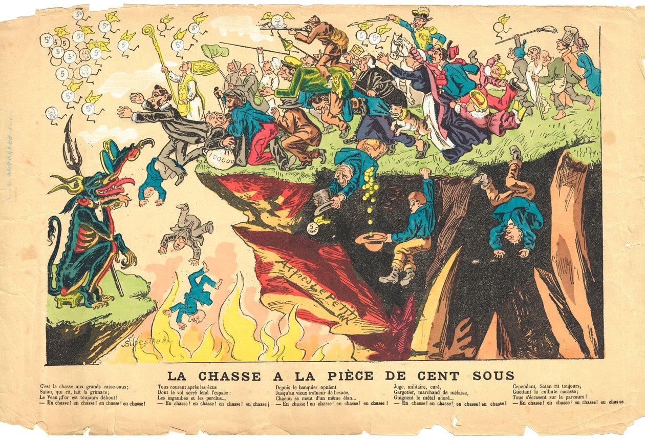 Foglio volante, Satirico a colori, circa 1878: Caccia a cento pezzi d