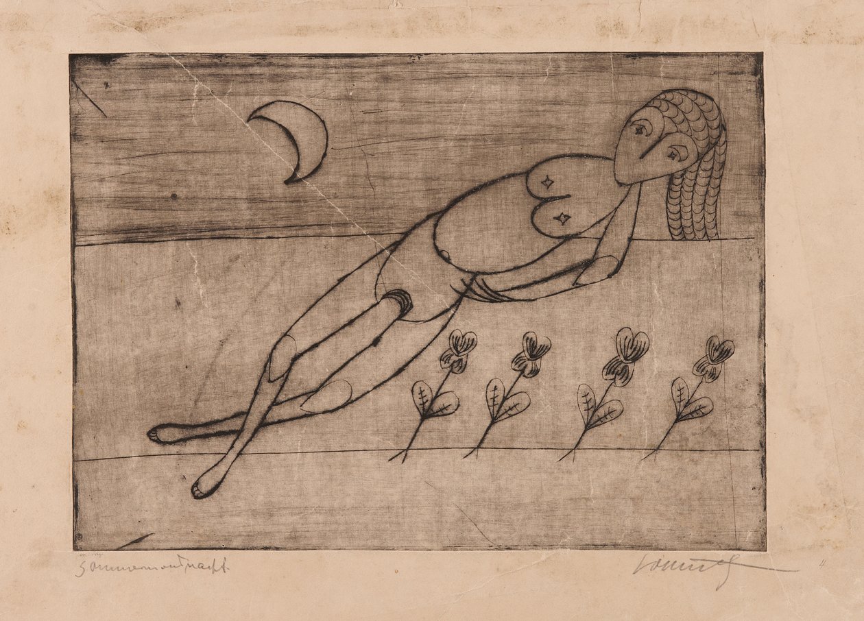 Luna crescente, fiori e nudo femminile (acquaforte e acquatinta su carta) da Alfred Lomnitz