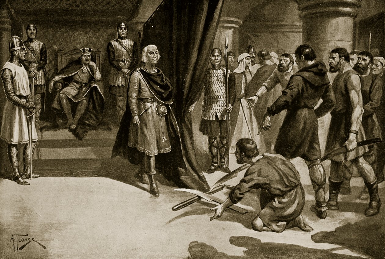 Contadini che gettano i loro aratri ai piedi di Enrico I da Alfred Pearse