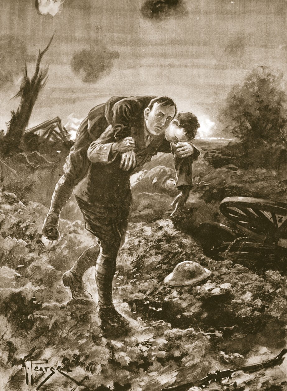 Tenente temporaneo G. St. G. S. Cather che porta un uomo ferito in piena vista del nemico e sotto il fuoco di mitragliatrici e artiglieria da Alfred Pearse