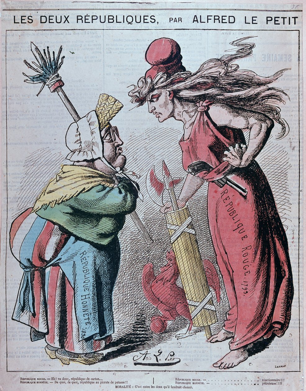 Cartone sulle due Repubbliche, "Republique Honnete (1830) e Republique rouge (1793)" di Alfred Le Petitty in "Le Grelot" 1872 da Alfred Petit