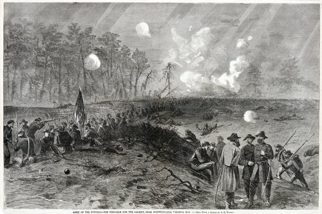 Lotta per il saliente, vicino a Spottsylvania, Virginia. 12 maggio 1864, da Harpers Weekly, pub. 1864 da Alfred Rudolph Waud