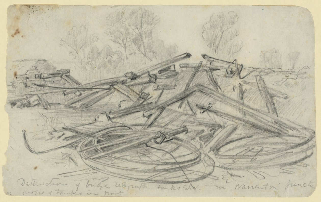 Distruzione di ponti, serbatoi telegrafici ecc. a Warrenton Junction da Alfred Rudolph Waud
