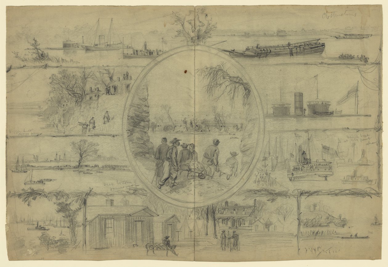 Scene associate al canale di Dutch Gap da Alfred Rudolph Waud