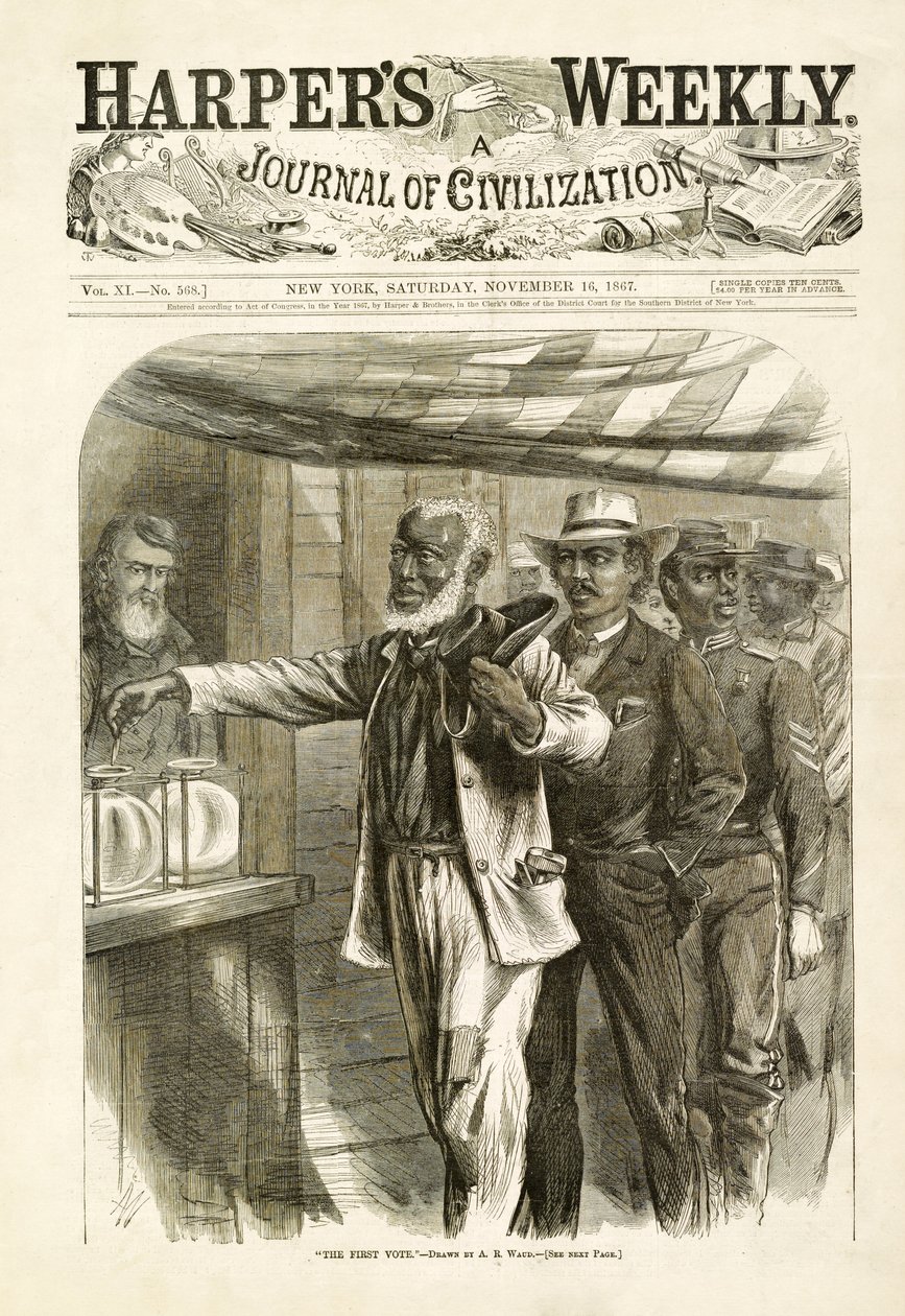 Il primo voto, pub. Harpers Weekly, 1867 da Alfred Rudolph Waud