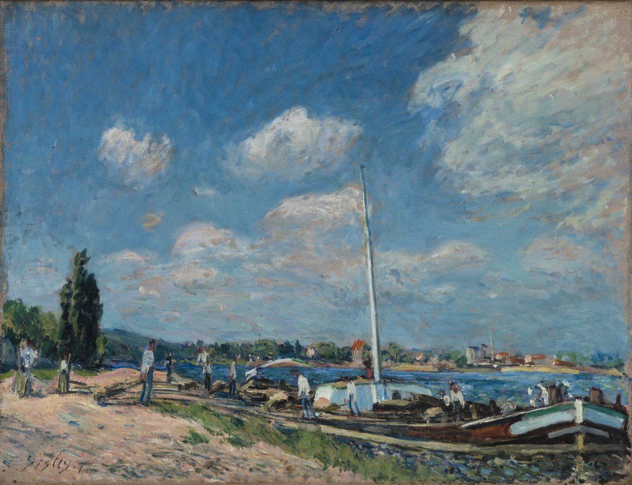 Francese: Scarico di chiatte a Billancourt da Alfred Sisley