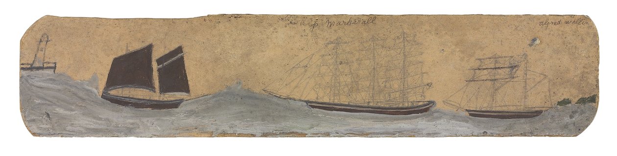 Piroscafo e due piccoli velieri in avvicinamento al porto, 1855-1942 circa (olio e matita su cartoncino) da Alfred Wallis