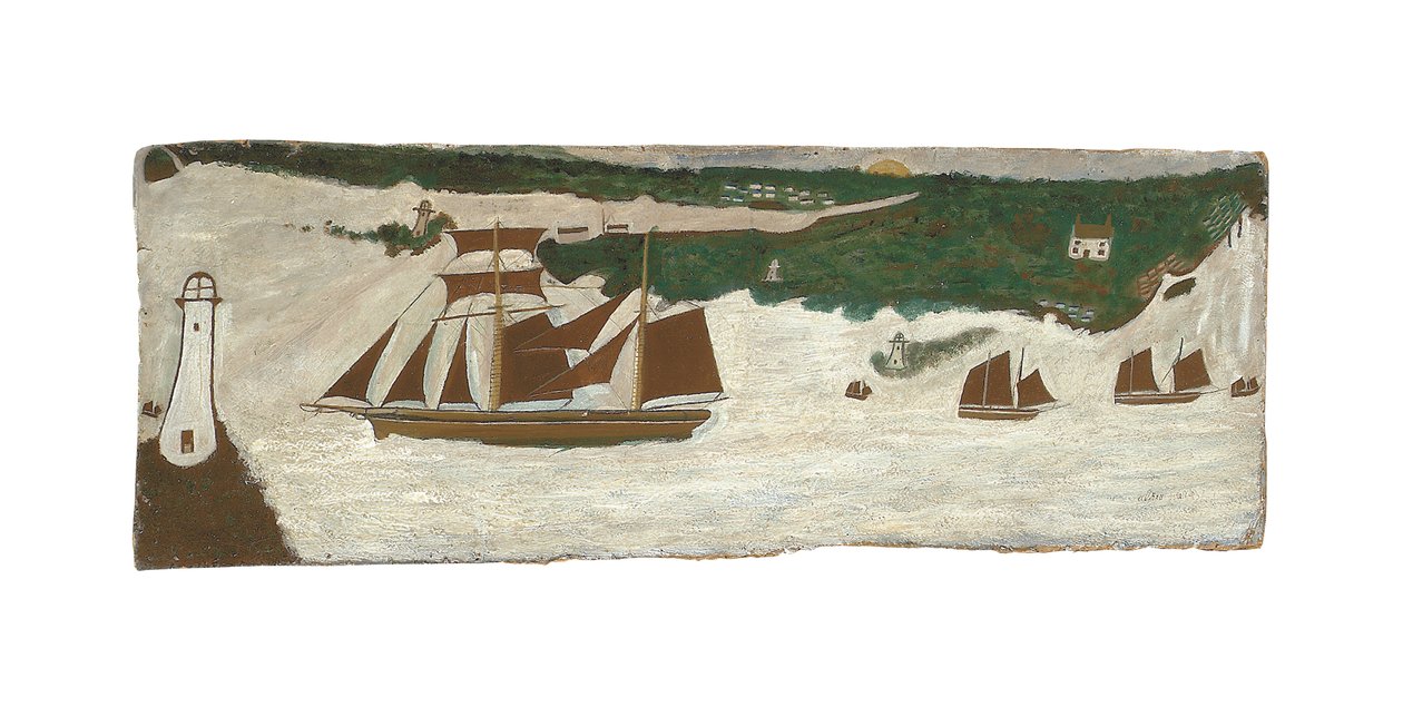 Goletta che passa davanti a un faro, 1855-1942 circa (olio su tavola) da Alfred Wallis