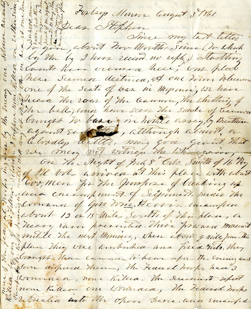 Lettera [di Alfred Warner] a Stephen, 3 agosto 1861 da Alfred Warner
