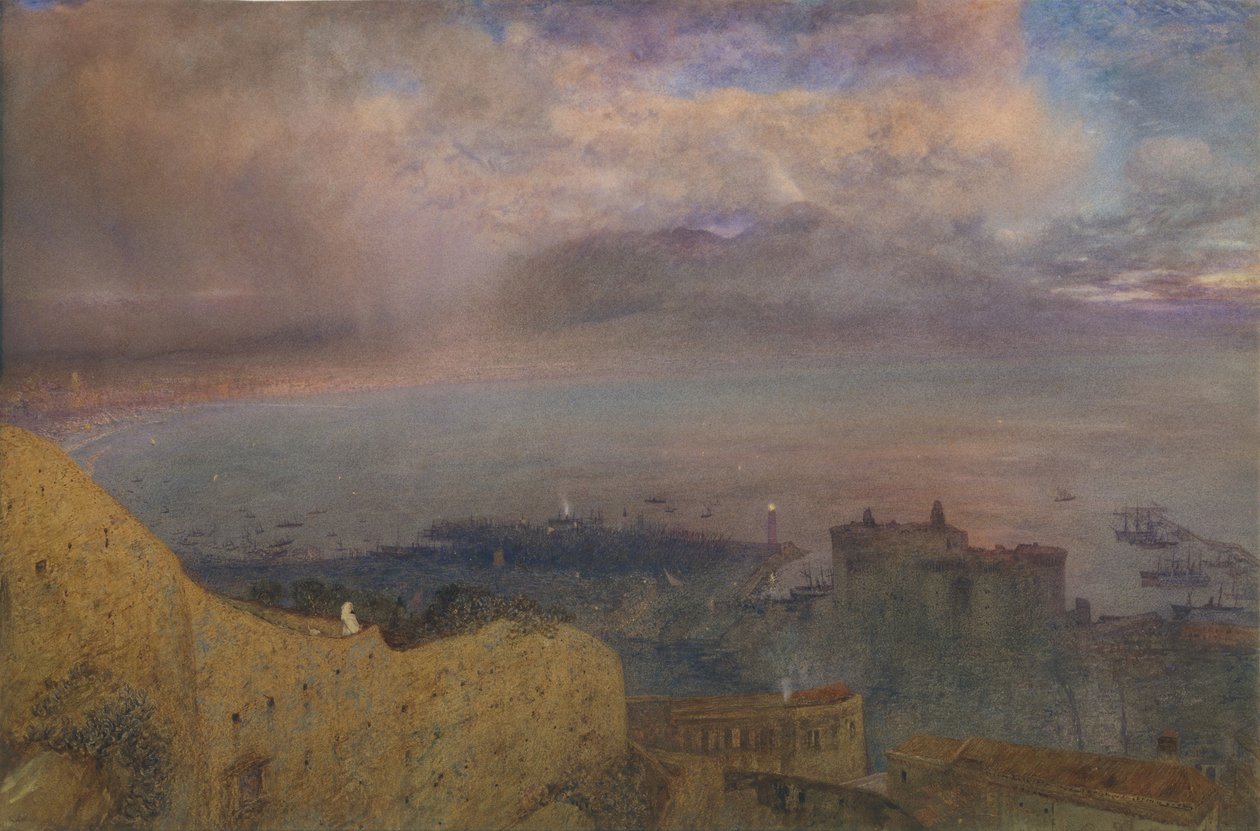 Veduta della Baia di Napoli con il Vesuvio fumante in lontananza, sera, 1871 da Alfred William Hunt