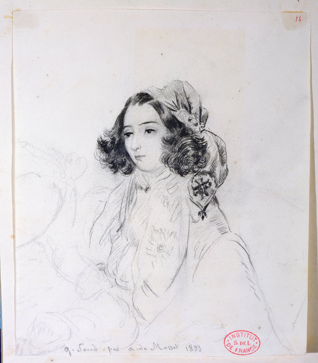 George Sand (1804-76) con un foulard, 1833 da Alfred de Musset