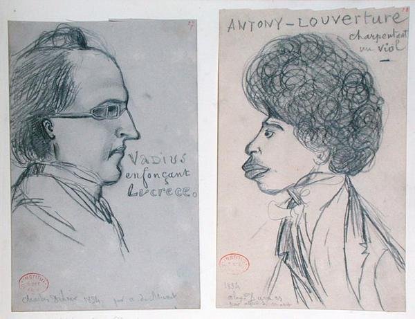 Ritratti di Charles Nodier (1780-1844) o Gustave Planche (1808-57) e Alexandre Dumas Père (1802-70) da Alfred de Musset