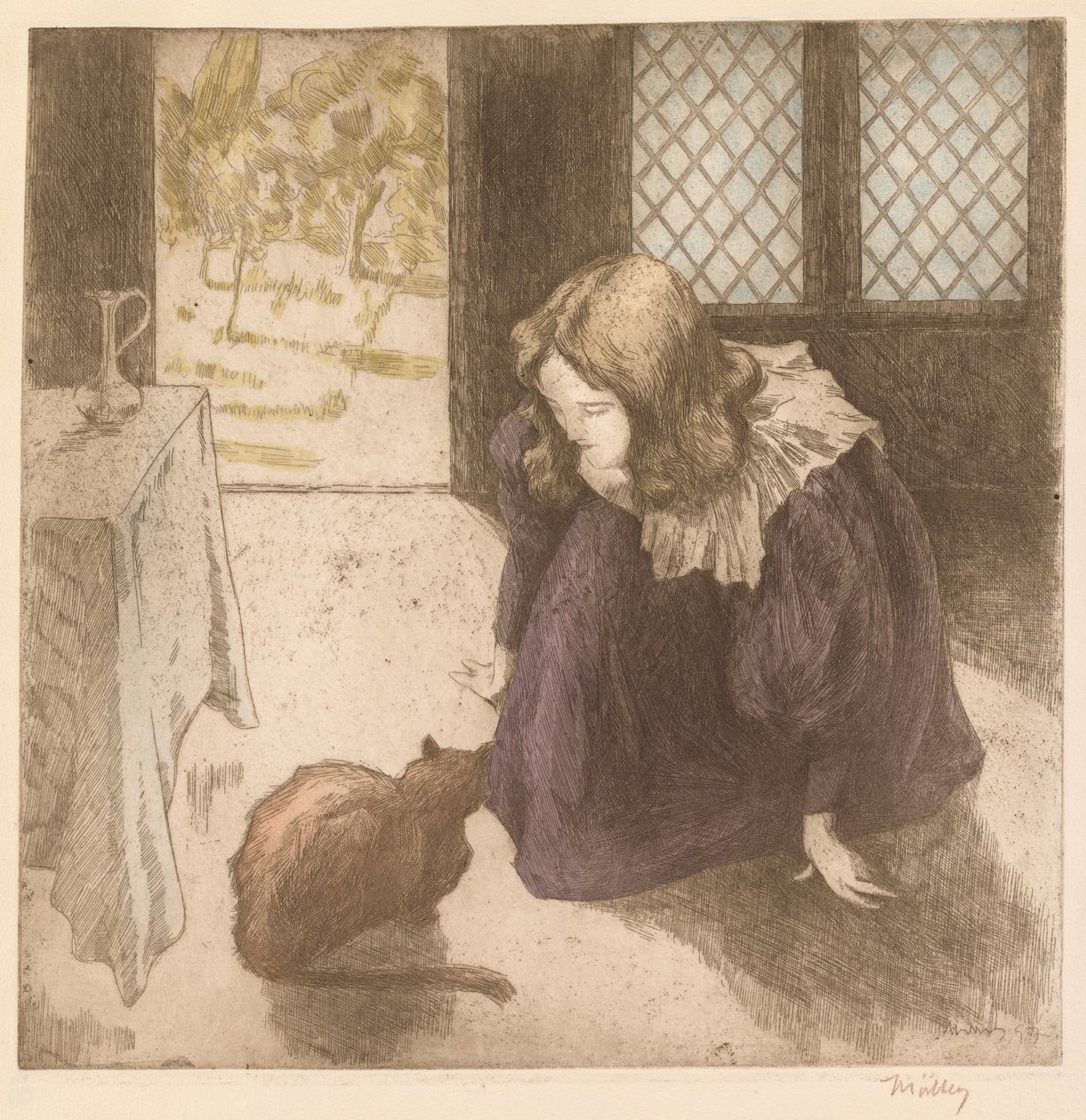 Interno, Bambina con gatto La Petite fille au chat, 1897 da Alfredo Müller