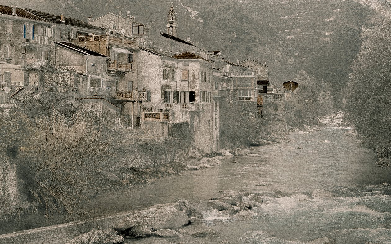 Valle del fiume vicino a Soaorge, 2018 (fotografia ridipinta a mano) da Alice Gur-Arie
