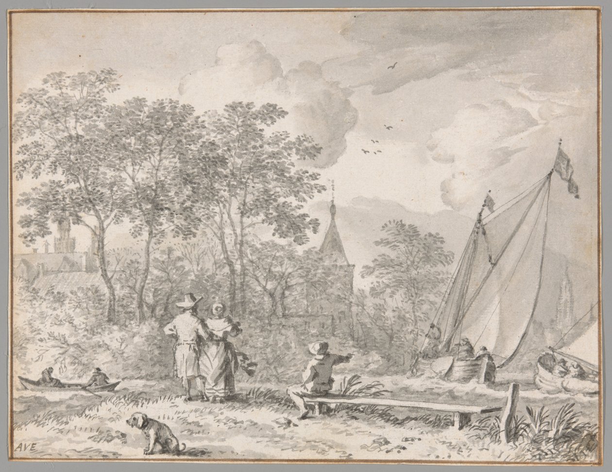 Paesaggio con figure eleganti in riva a un fiume, con barche a destra e una città dietro agli alberi da Allaert van Everdingen