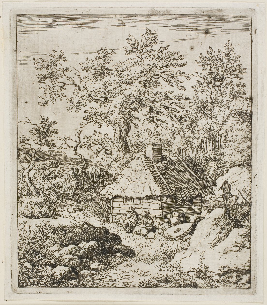 Capanna con tetto di paglia tra alberi e rocce da Allaert van Everdingen