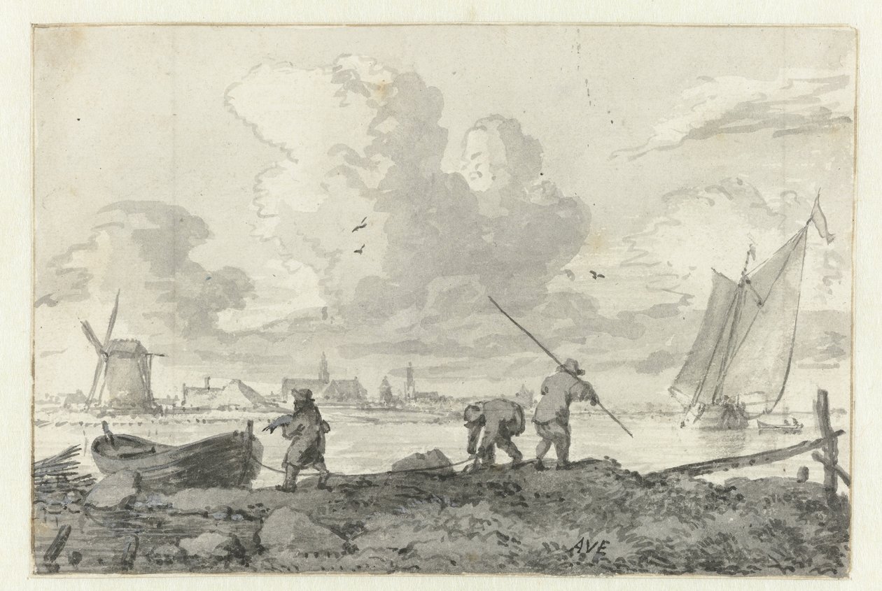 Pescatori con la loro barca a remi sullo Spaarne vicino a Haarlem da Allaert van Everdingen