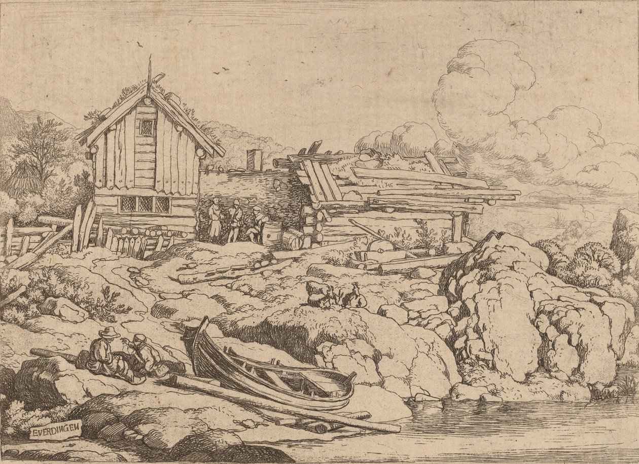 Barca su una riva del fiume con tre capre, probabilmente c. 1645-1656 da Allart van Everdingen