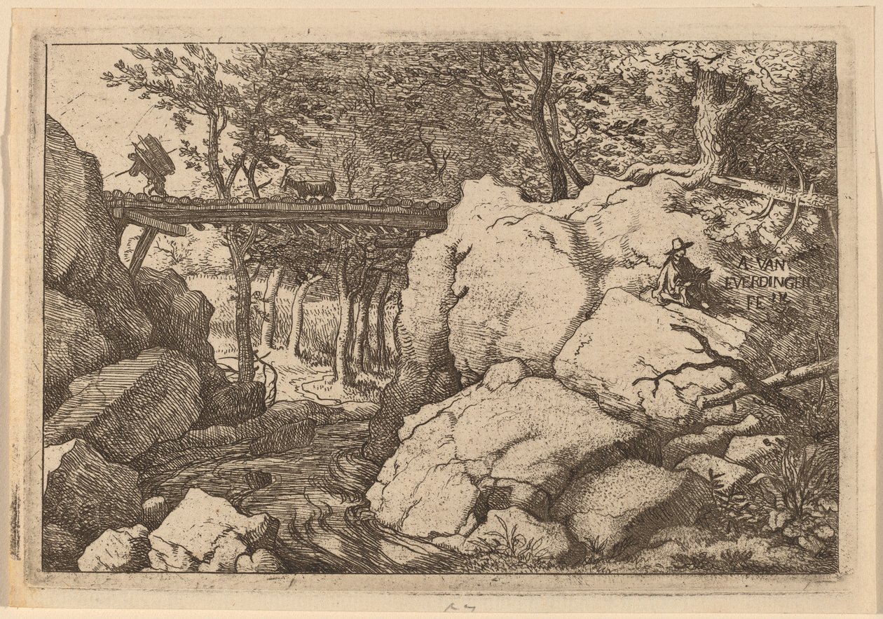 Capra su un piccolo ponte da Allart van Everdingen