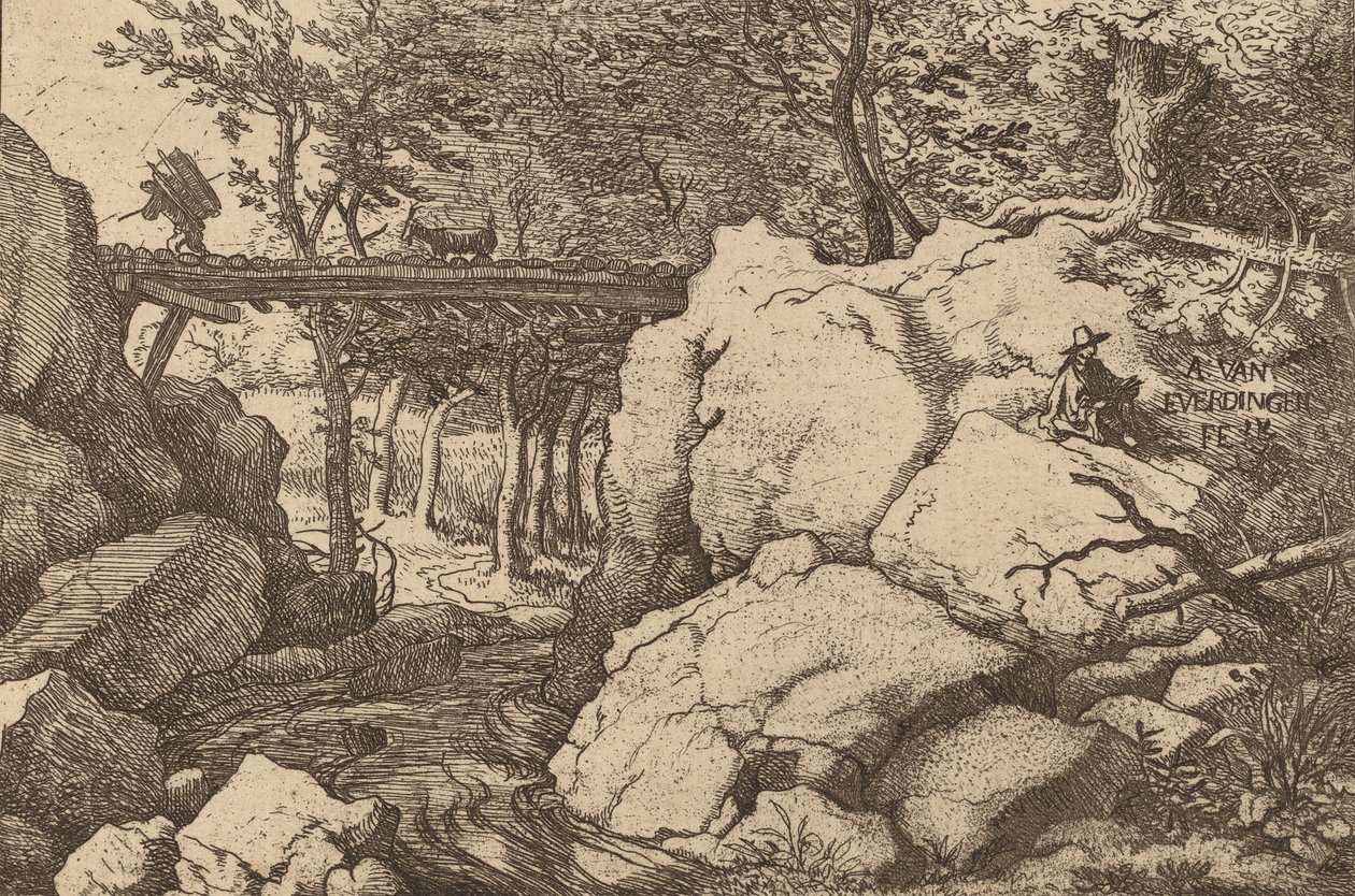 Capra su un piccolo ponte da Allart van Everdingen
