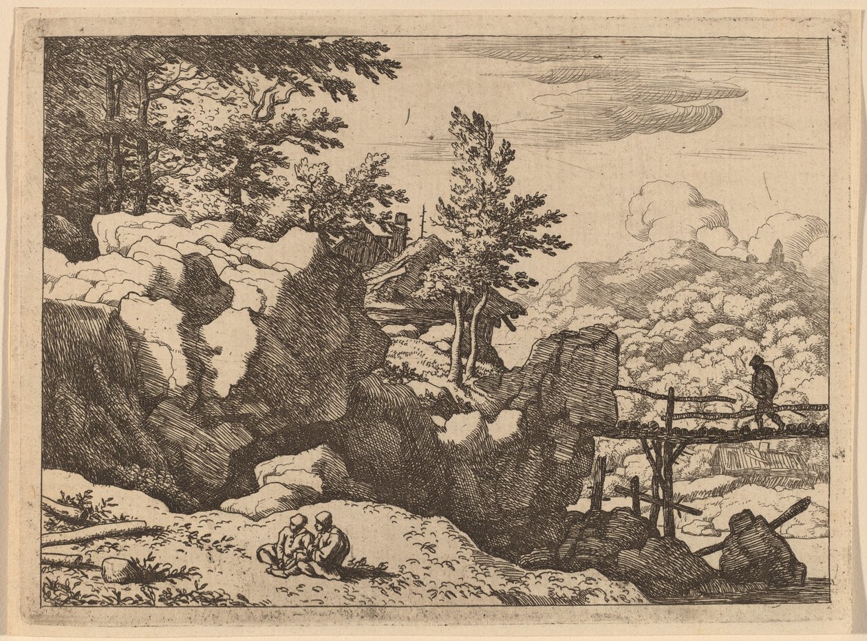 Uomo su un piccolo ponte di legno da Allart van Everdingen