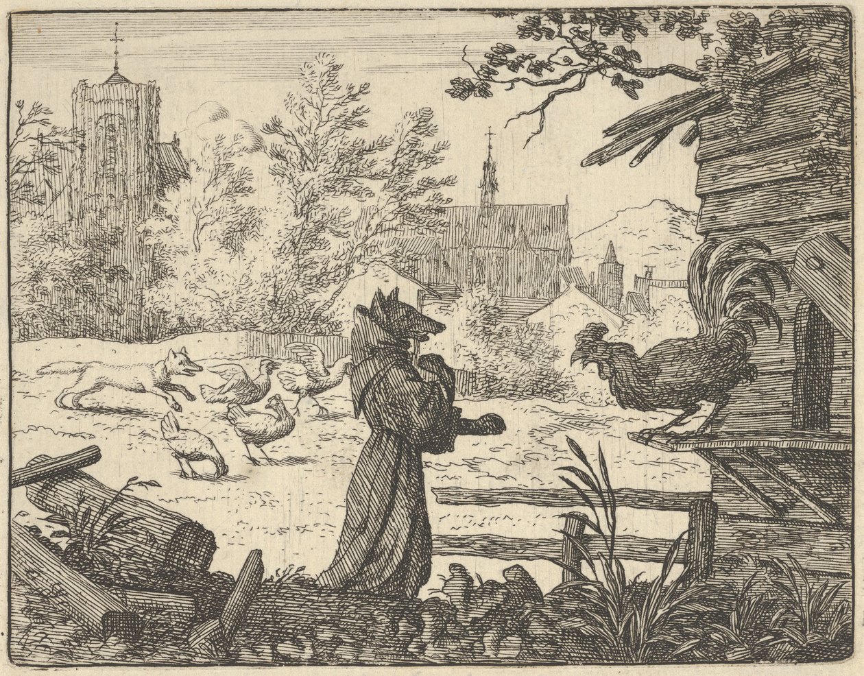 Renard, travestito da monaco, guadagna la fiducia del gallo, 1650-75 da Allart van Everdingen