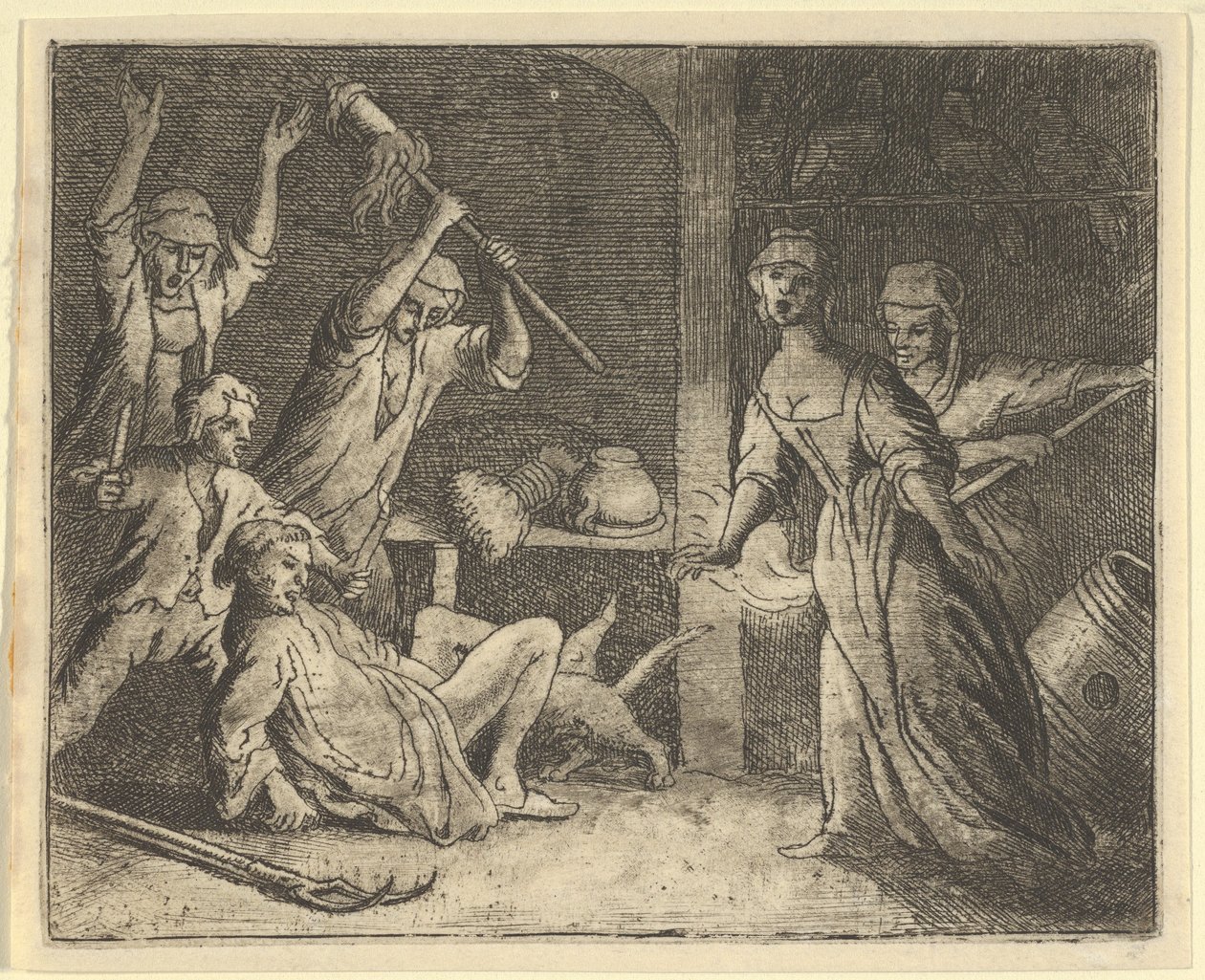 Il gatto, catturato in una trappola, è maltrattato dalle persone della casa, 1650-75 da Allart van Everdingen