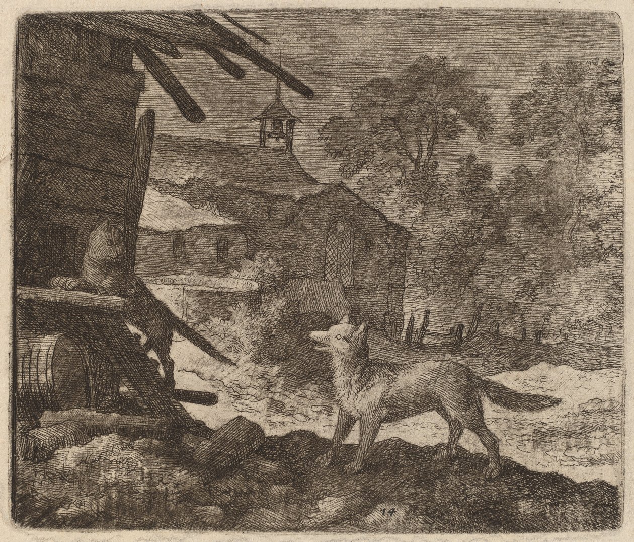 Il gatto entra nel fienile mentre Reynard osserva, probabilmente c. 1645-1656 da Allart van Everdingen