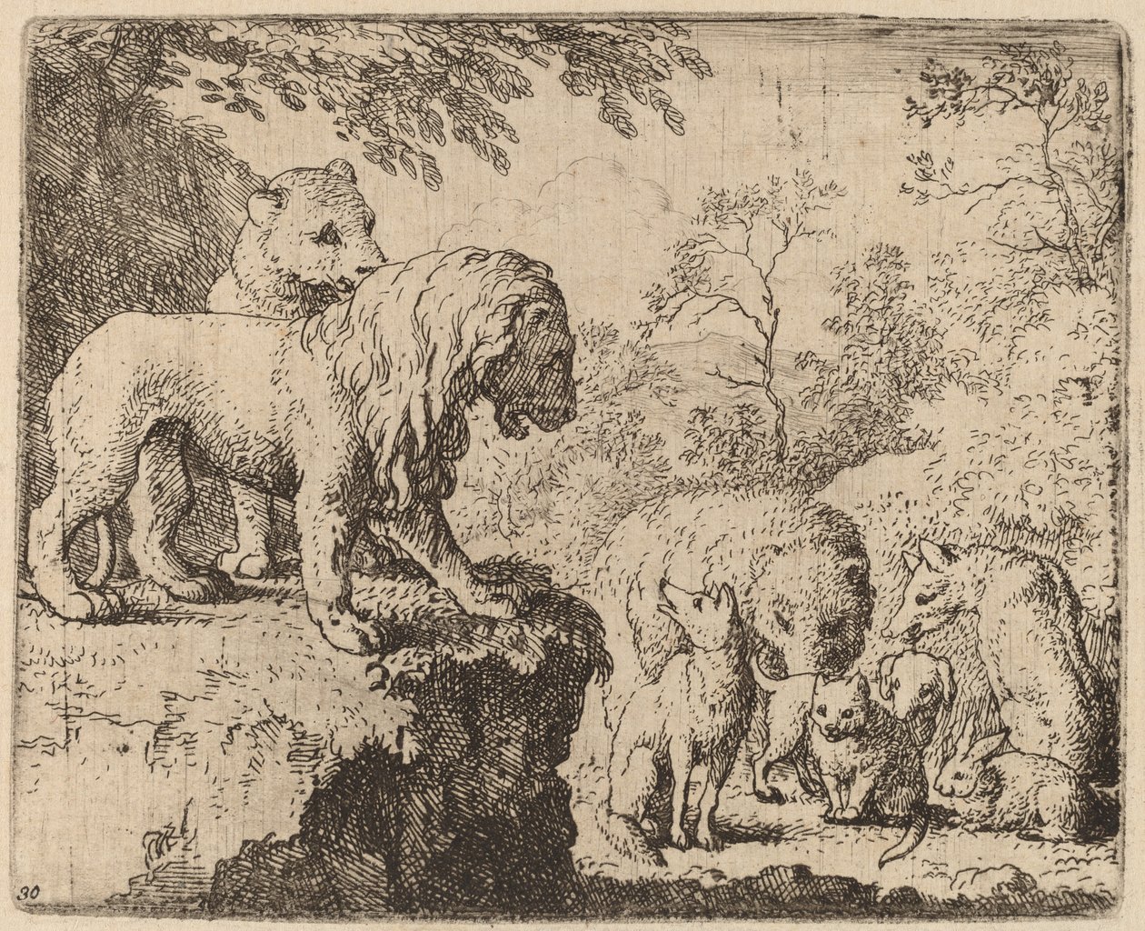 Il leone perdona Reynard davanti agli altri animali, probabilmente c. 1645-1656 da Allart van Everdingen