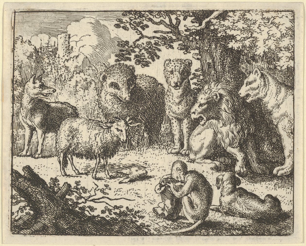 La scimmia apre il pacco e rimuove la testa del coniglio con grande sorpresa di..., 1650-75 da Allart van Everdingen