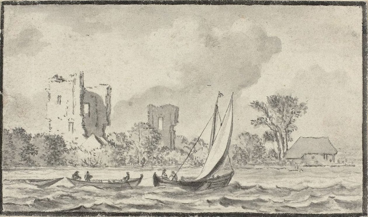 Tre barche su un fiume con rovine lungo la riva da Allart van Everdingen