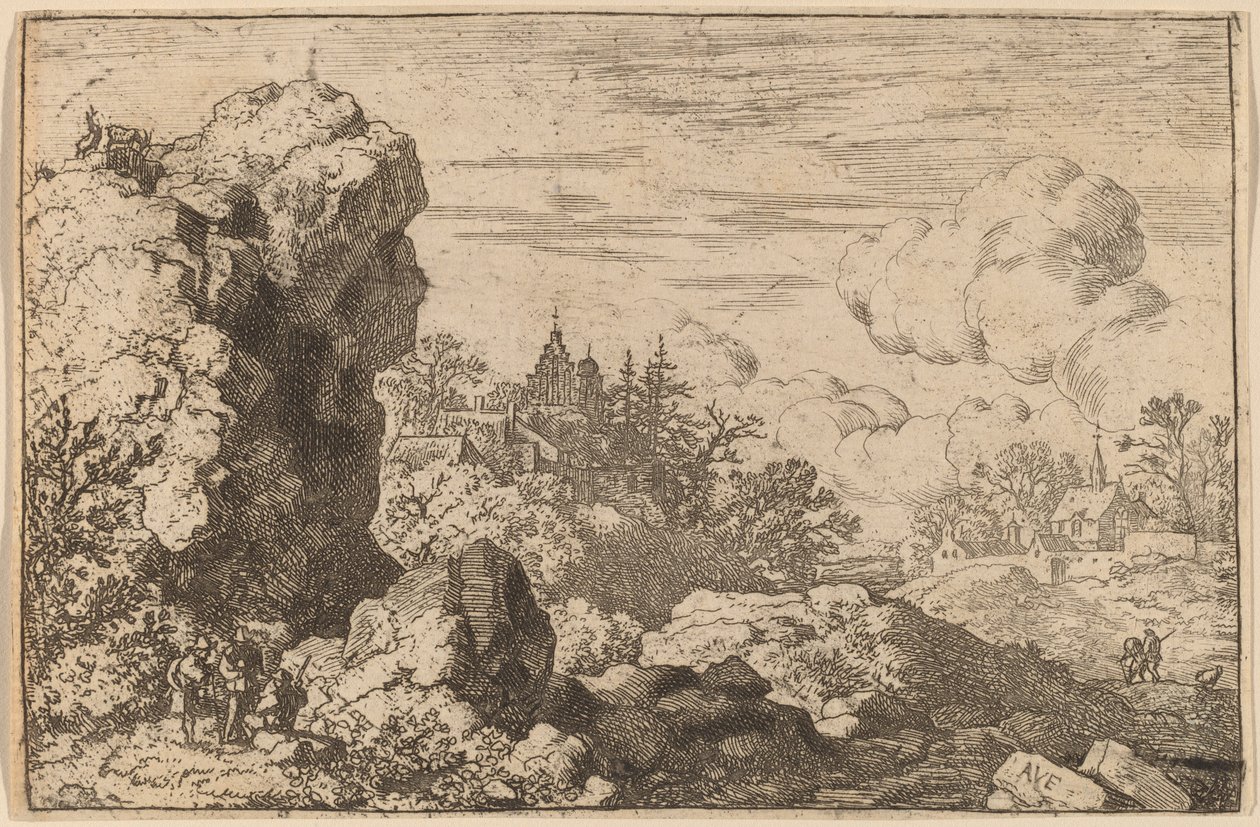Tre viaggiatori ai piedi di una roccia alta da Allart van Everdingen