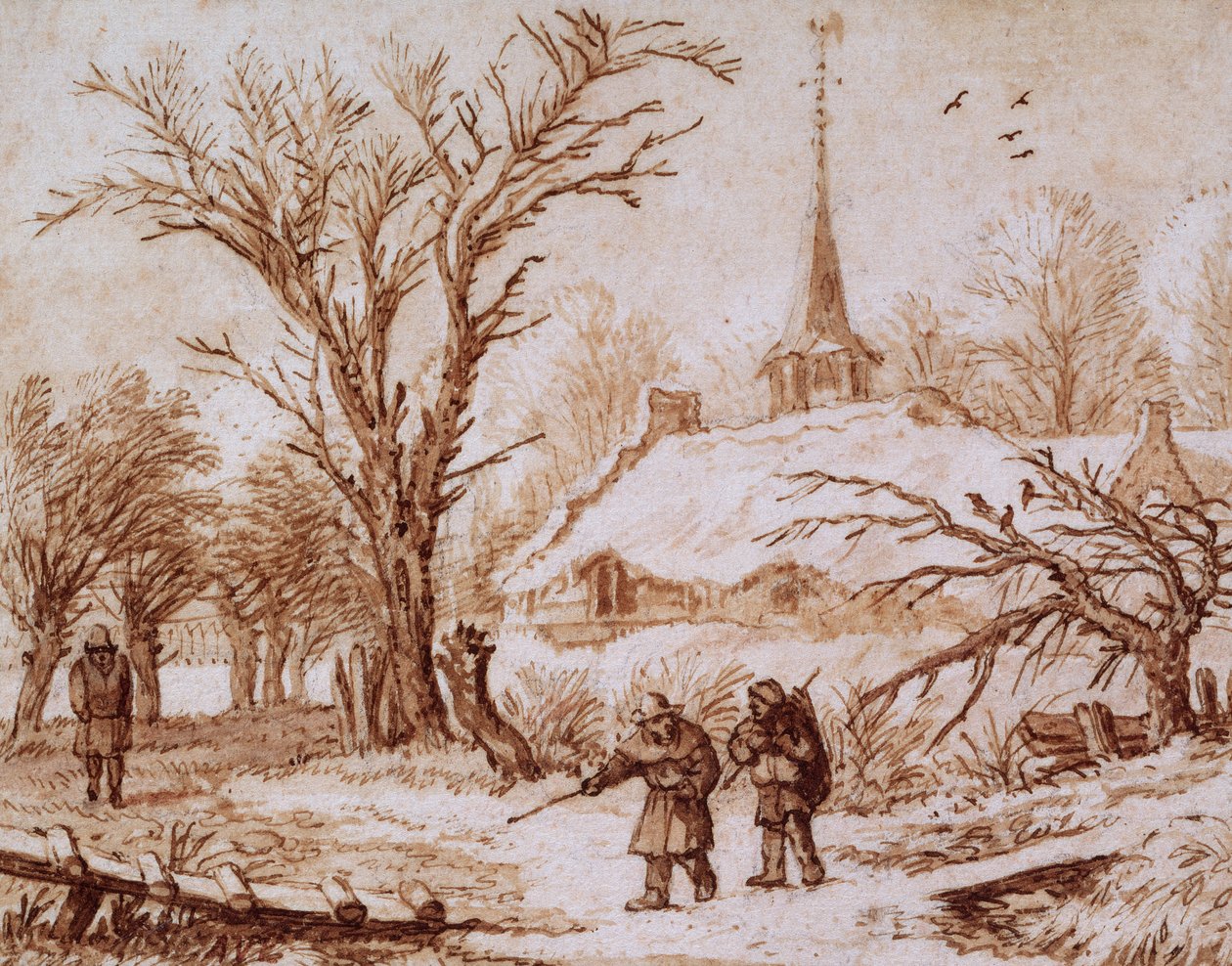 Viaggiatori su una strada vicino a un villaggio in inverno da Allart van Everdingen