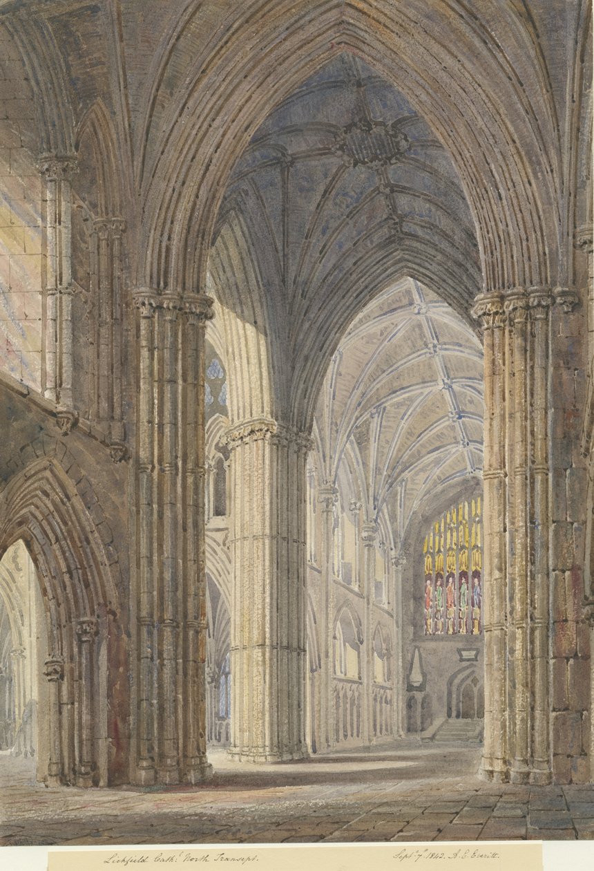 Interno della Cattedrale di Lichfield - Transetto Nord: acquerello, 7 set 1842 da Allen Edward Everitt