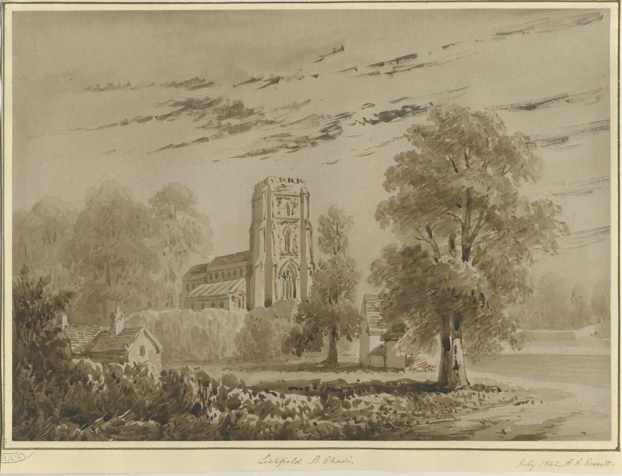 Lichfield - Chiesa di San Chad: disegno in seppia rossa, lug 1842 da Allen Edward Everitt