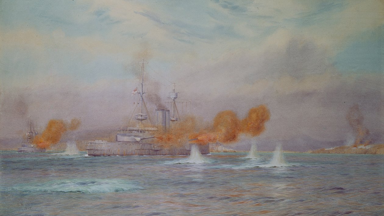 H.M.S. Albion comandata dal Capitano A. Walker-Heneage completa la distruzione dei forti esterni dei Dardanelli nel 1915, 1925 da Alma Claude Burlton Cull