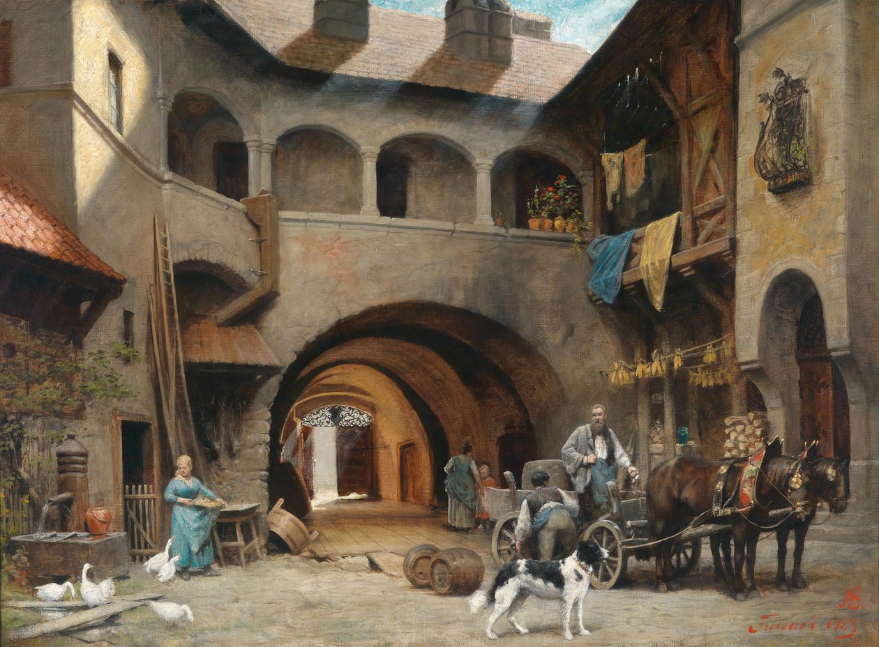 Vecchio cortile a Friesach con carro da Alois Schonn