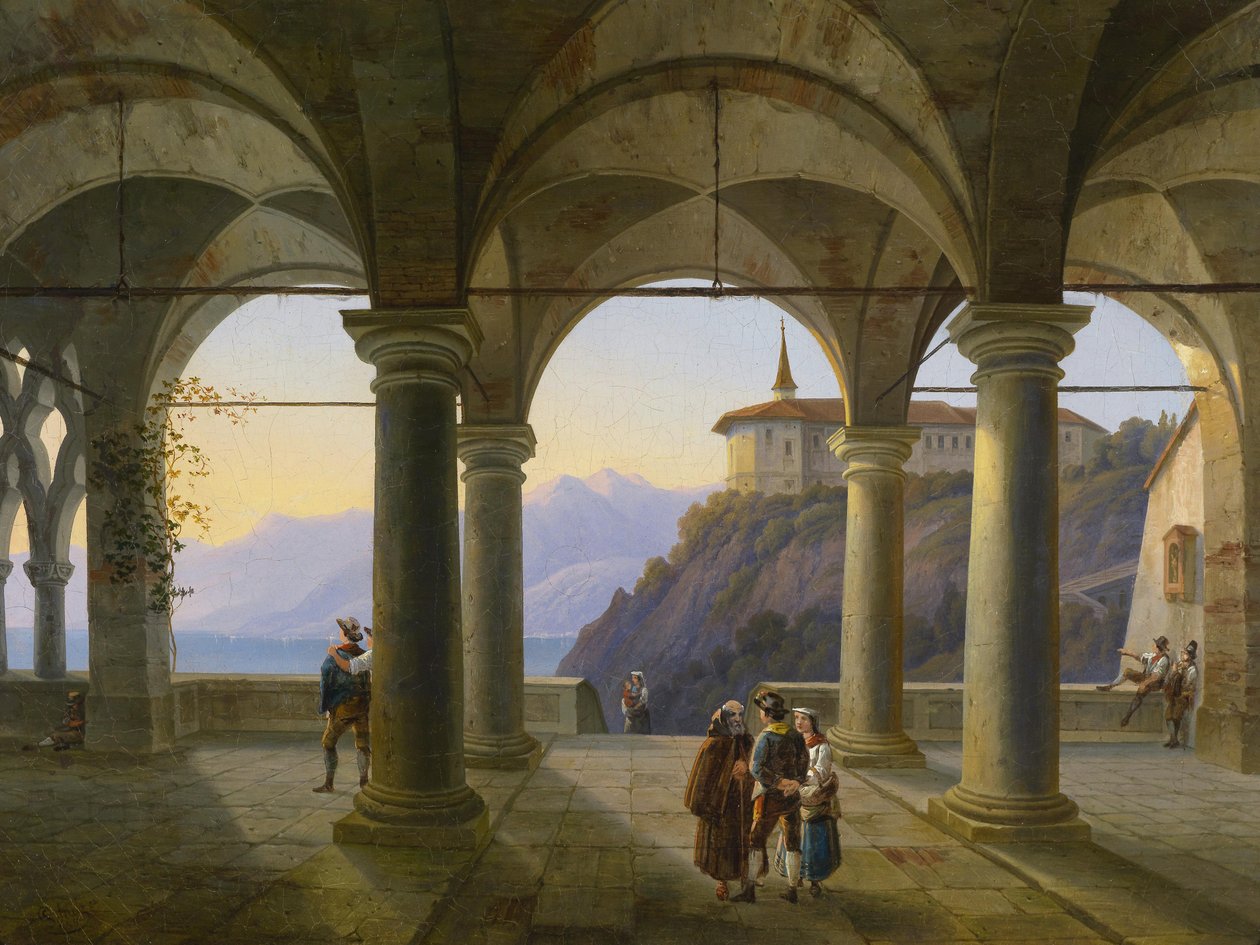 Terrazza con colonne con figure e vista su un lago di montagna da Alois Gustav Schulz