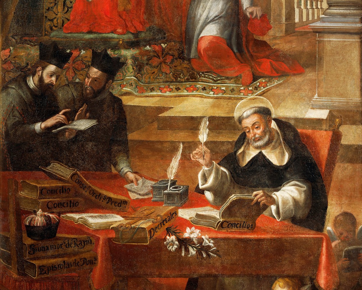 Due gesuiti parlano mentre San Raimondo scrive il Concilio (dettaglio) da Alonso Antonio Villamor