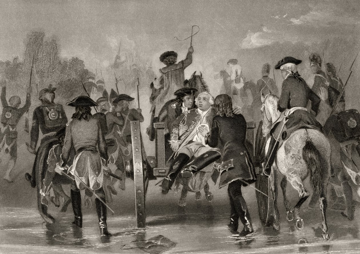Il generale Edward Braddock ferito mortalmente si ritira dal fiume Monongahela nel 1755 dopo un attacco delle forze francesi e indiane, da 